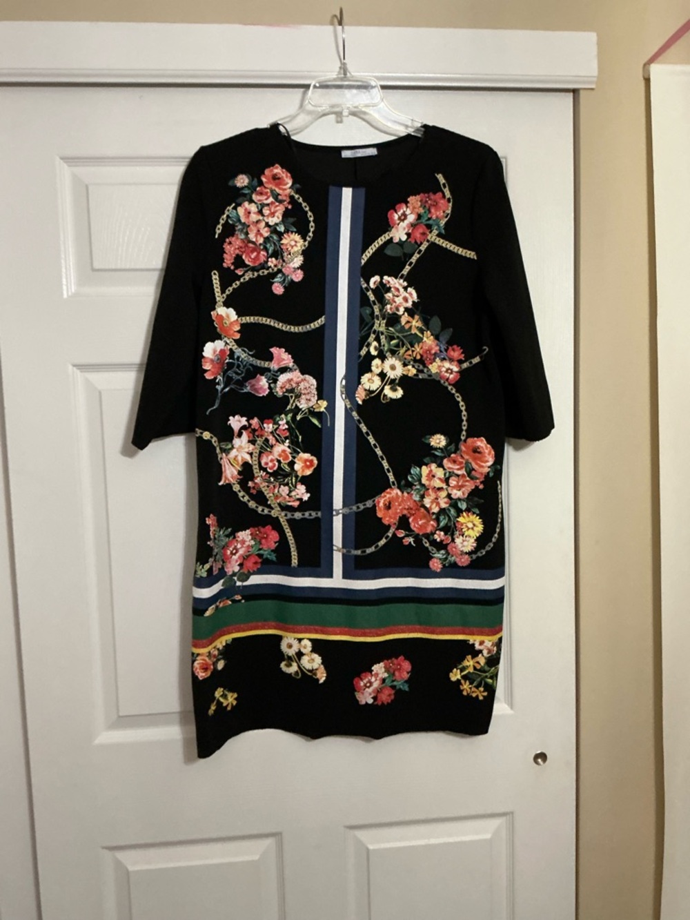 Zara Black Floral Midi Dress with Multicolor Stripe Detail